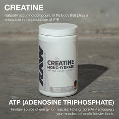 RAW Nutrition creatine monohydrate powder scoop in a glass demonstrates easy mixing.