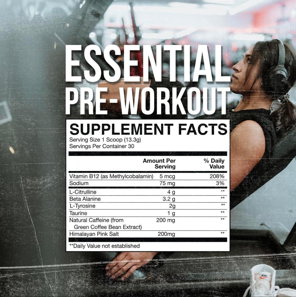 RAW Nutrition Essential Pre Peach Mango gym bag-ready container for training sessions