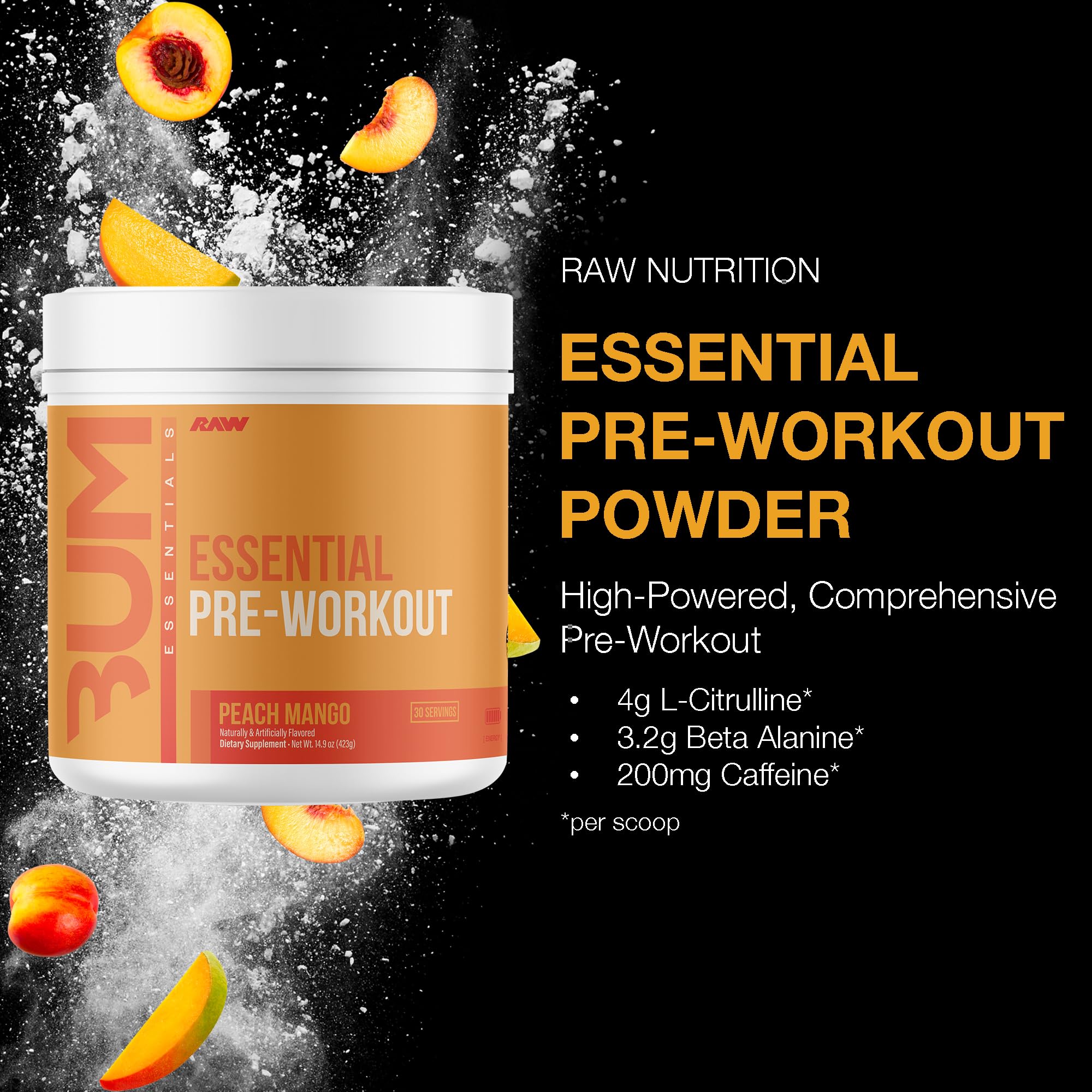 RAW Nutrition Essential Pre Peach Mango label close-up with caffeine and citrulline details