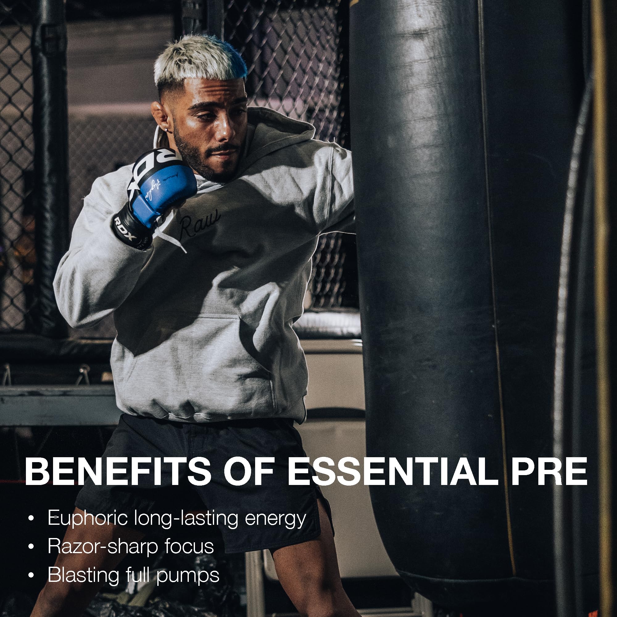 RAW Nutrition Essential Pre Peach Mango poured into glass for pre-workout ritual