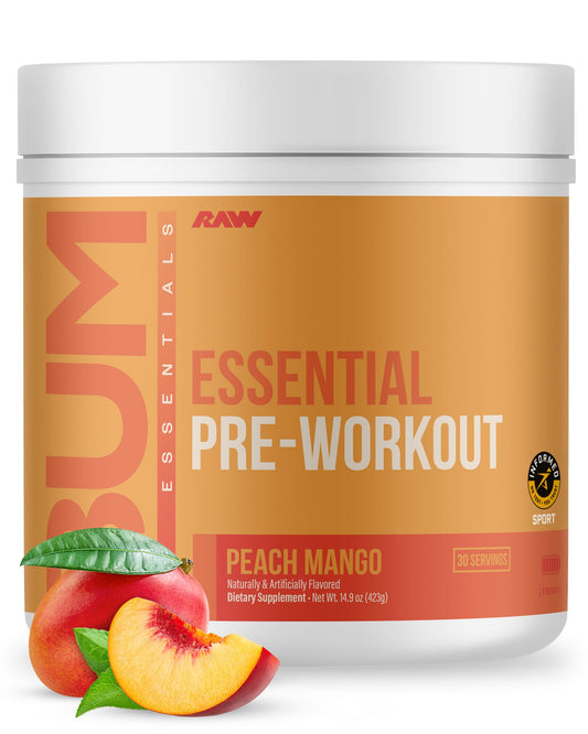 RAW Nutrition Essential Pre Peach Mango tub front showcasing flavor and label