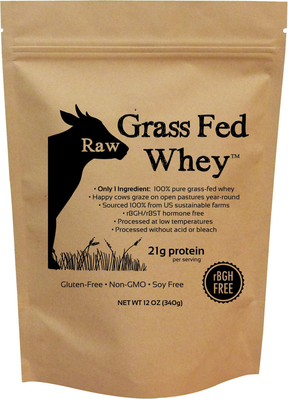 Raw Organic Whey: 1-ingredient unflavored powder in a resealable bag for clean protein.