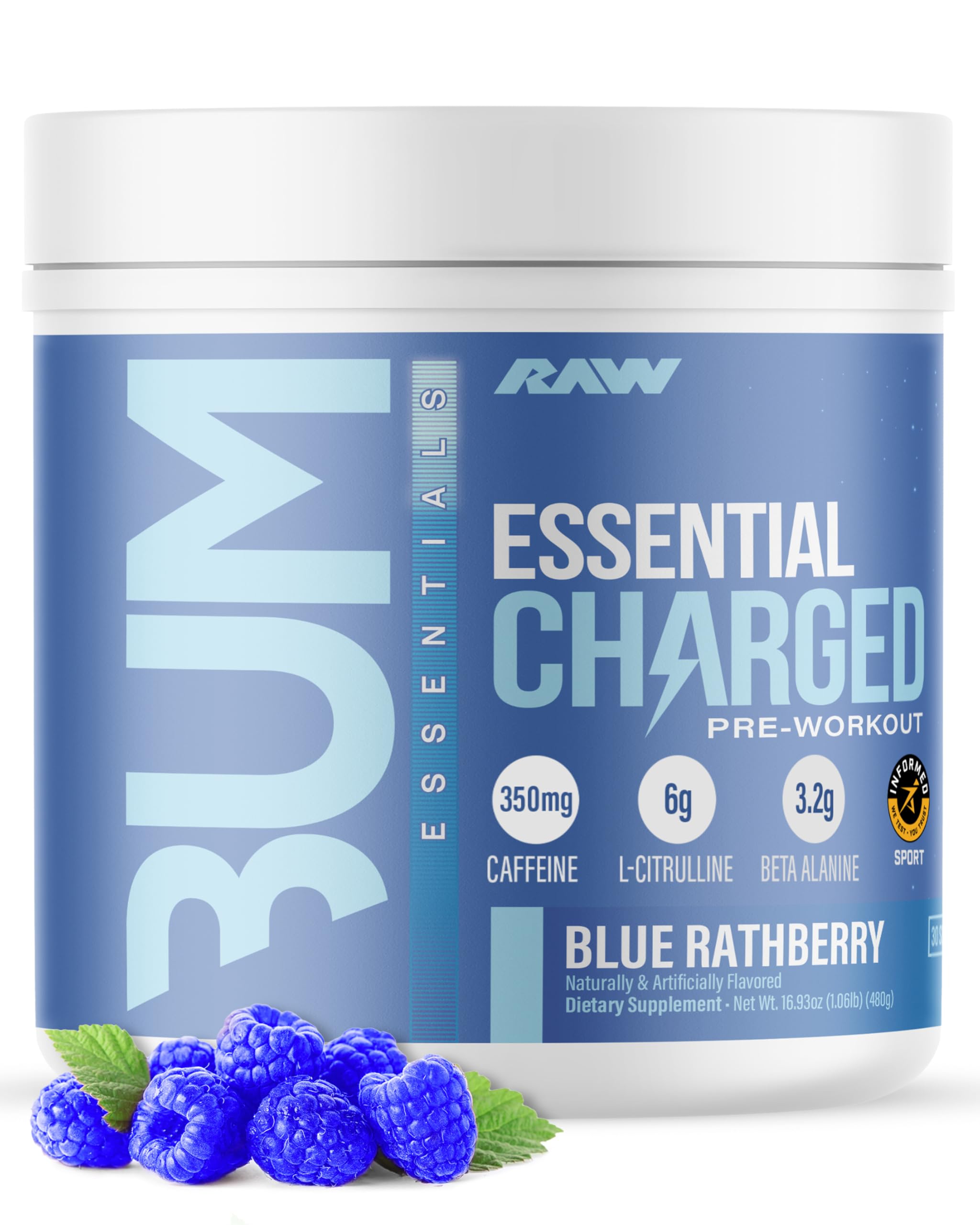 RAW Essential CHARGED Blue Rathberry bottle pour shows quick energy ready for training