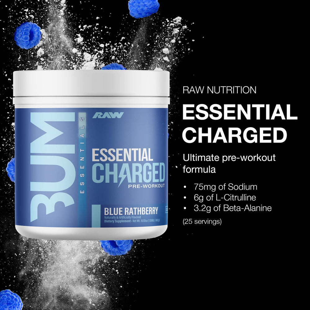 RAW Essential CHARGED Blue Rathberry scoop in water ready to mix for focus