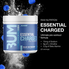 RAW Essential CHARGED Blue Rathberry scoop in water ready to mix for focus