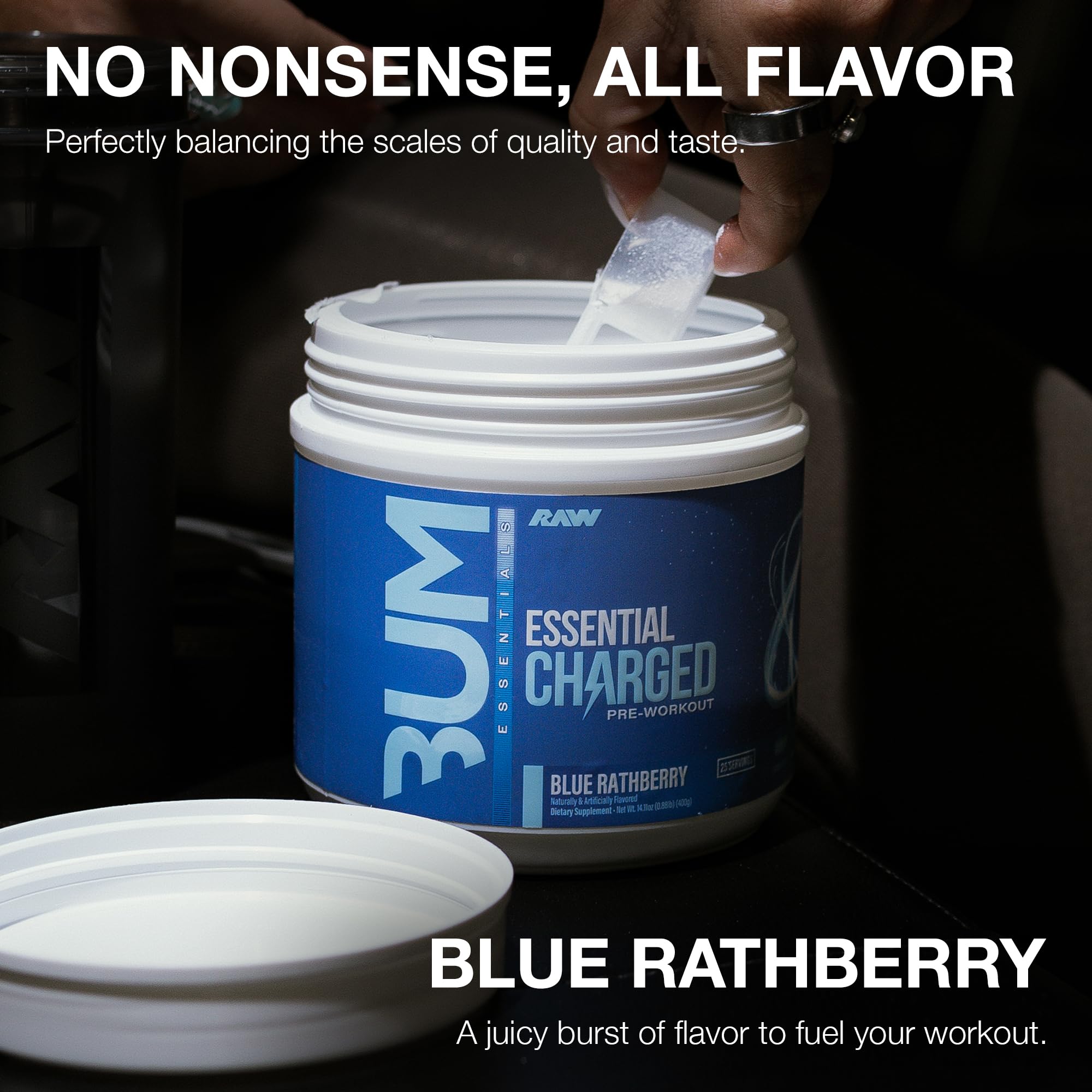 RAW Essential CHARGED Blue Rathberry tub label highlights key ingredients