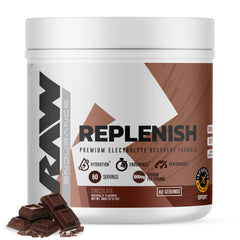 RAW Replenish chocolate endurance powder being poured to support quick hydration.
