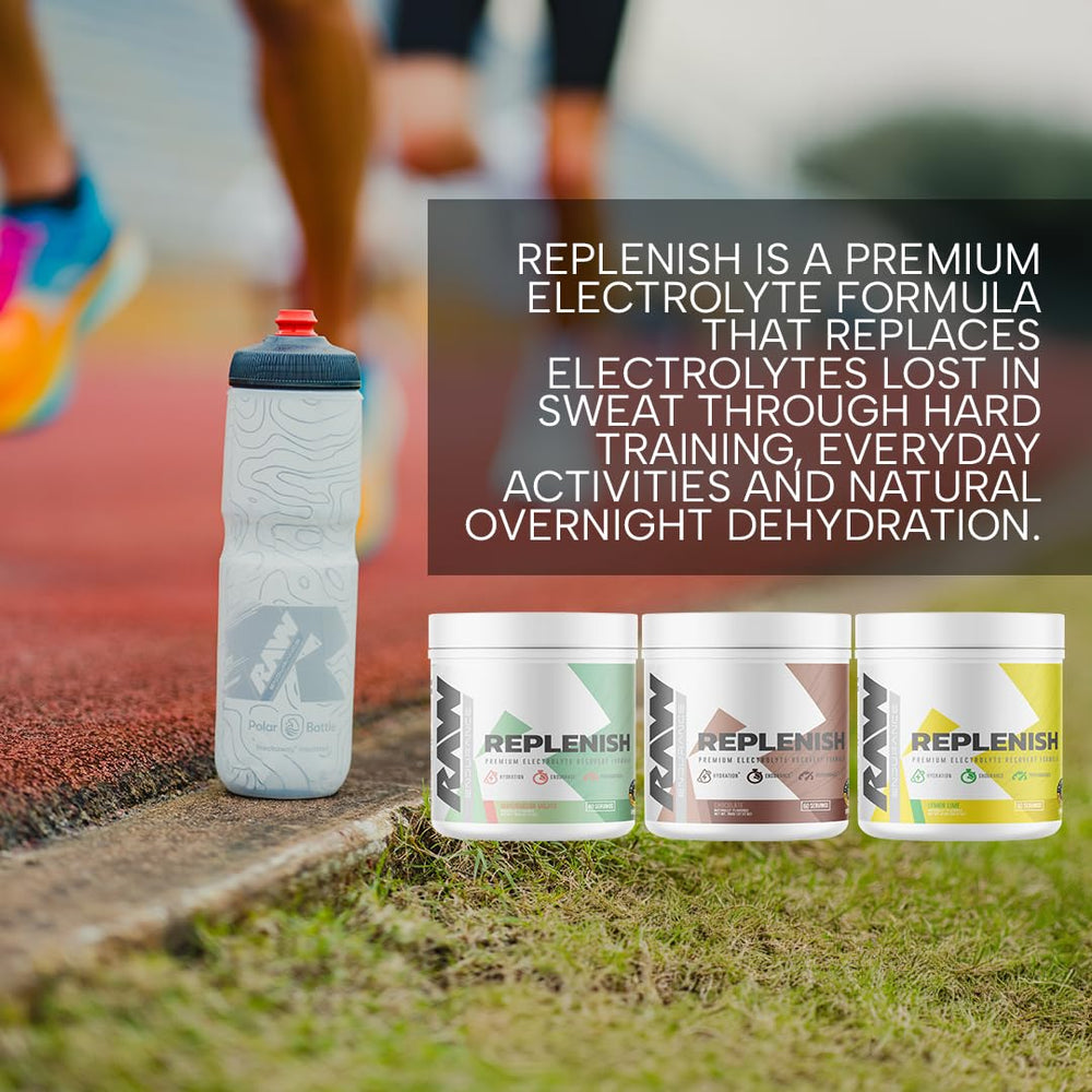 RAW Replenish chocolate powder in a shaker for easy on-the-go hydration.