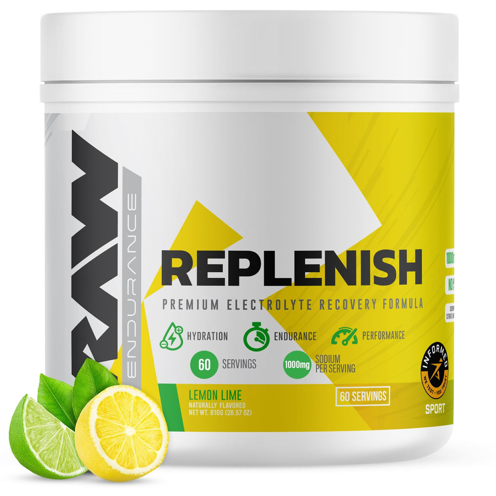 RAW Replenish lemon lime powder dissolves quickly for post-workout hydration.