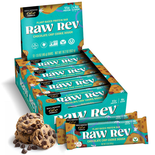 Raw Rev Glo chocolate chip cookie dough bar front view, protein-rich snack
