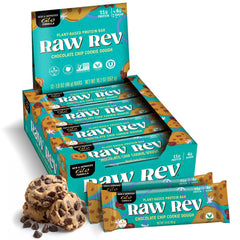 Raw Rev Glo chocolate chip cookie dough bar front view, protein-rich snack