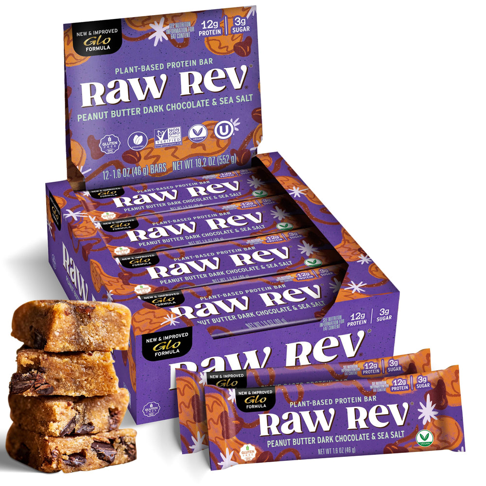 Raw Rev Glo peanut butter dark chocolate bar packaging shows vegan, gluten-free credentials.