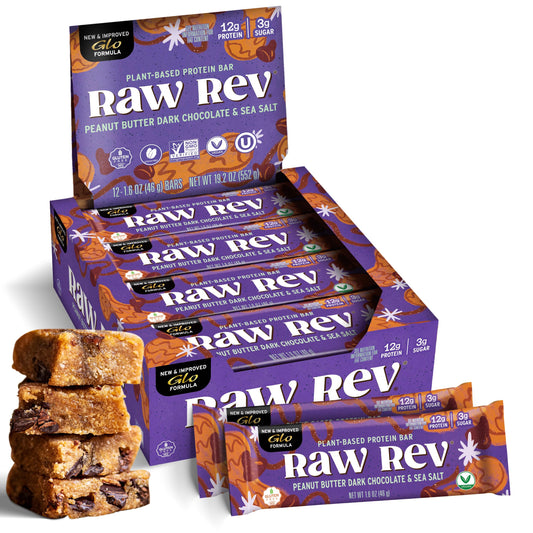 Raw Rev Glo peanut butter dark chocolate bar packaging shows vegan, gluten-free credentials.