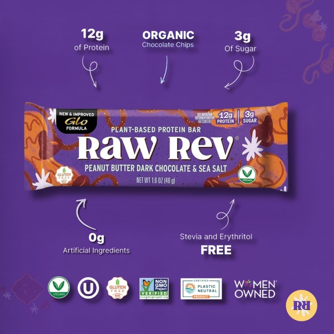 Raw Rev Glo vegan protein bar ingredients reveal peanut base and wholesome nutrition.