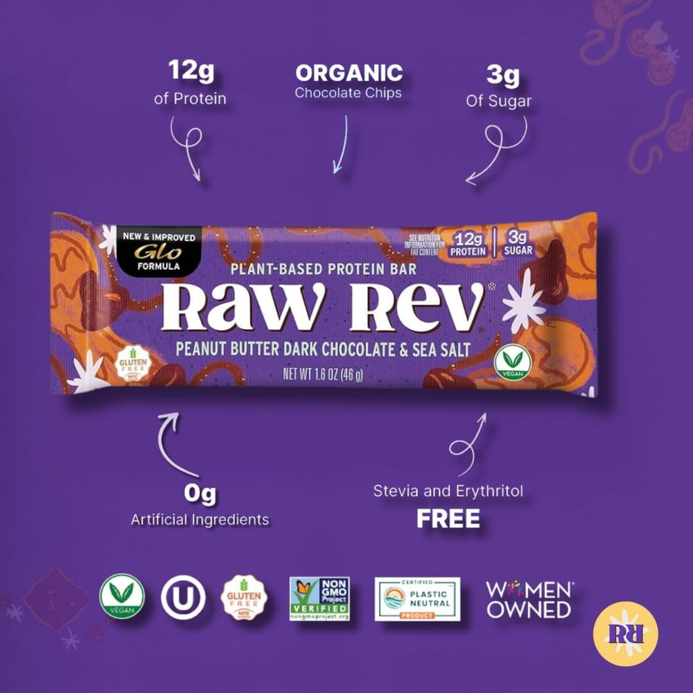 Raw Rev Glo vegan protein bar ingredients reveal peanut base and wholesome nutrition.