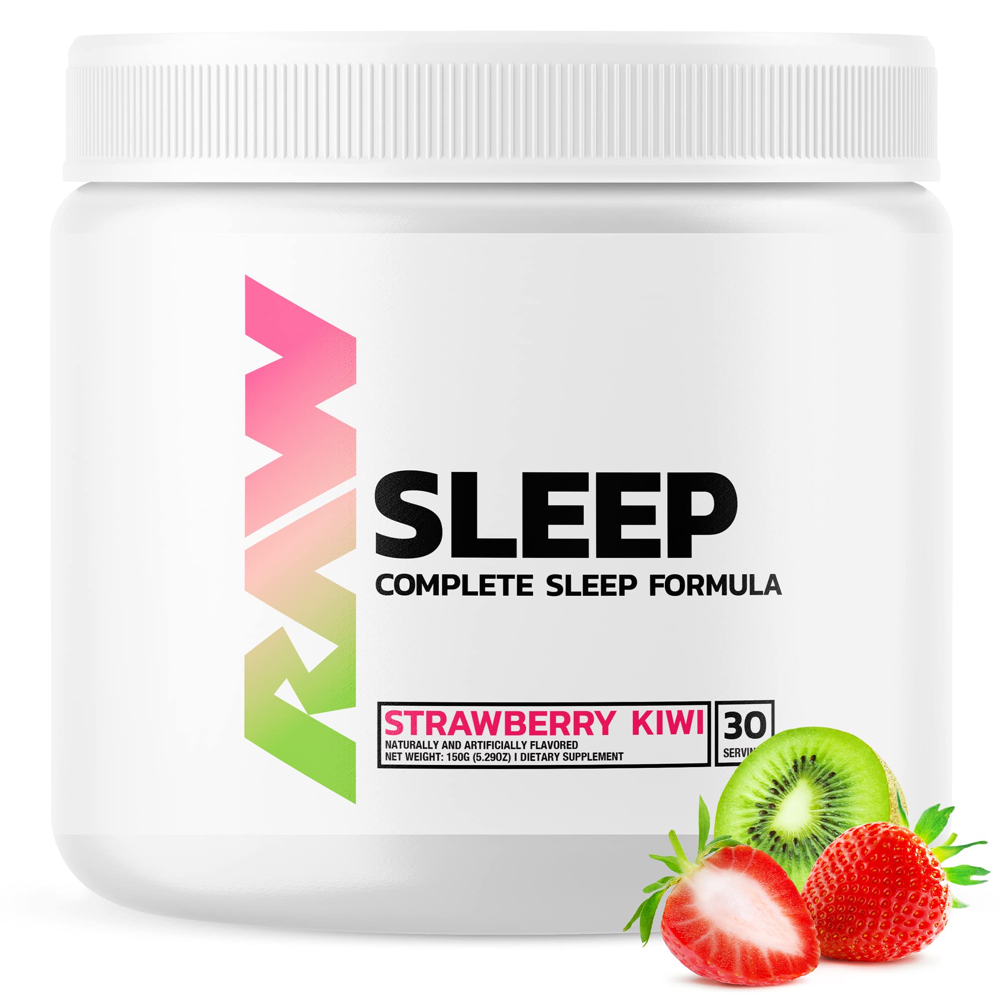 RAW Sleep bottle with strawberry-kiwi label for relaxed nights and restful sleep.