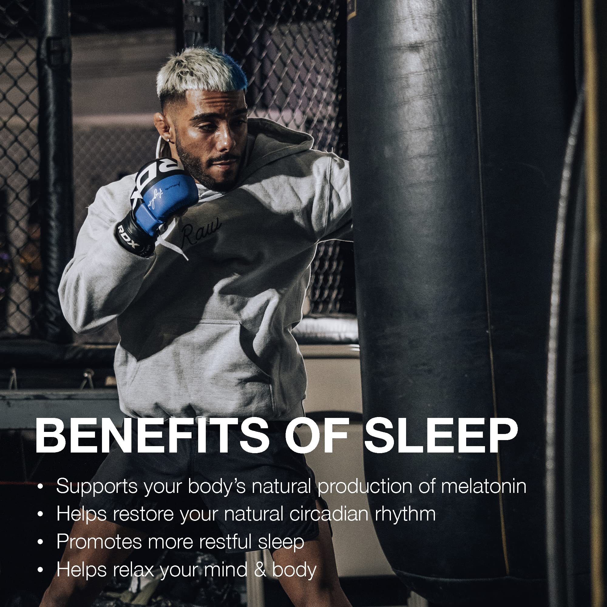 RAW Sleep hawthorn leaf and flower extracts shown as calming botanicals.