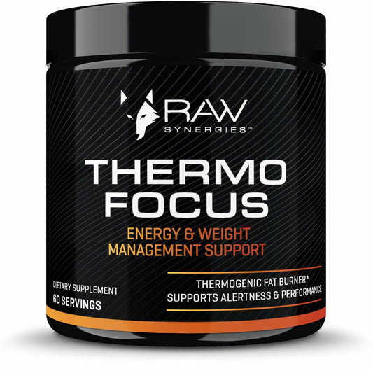 RAW Synergies Thermo Focus bottle on a clean surface for steady, non jittery energy