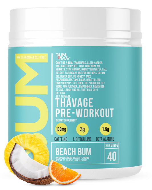 RAW Thavage Beach Bum pre-workout pour energizes training sessions.
