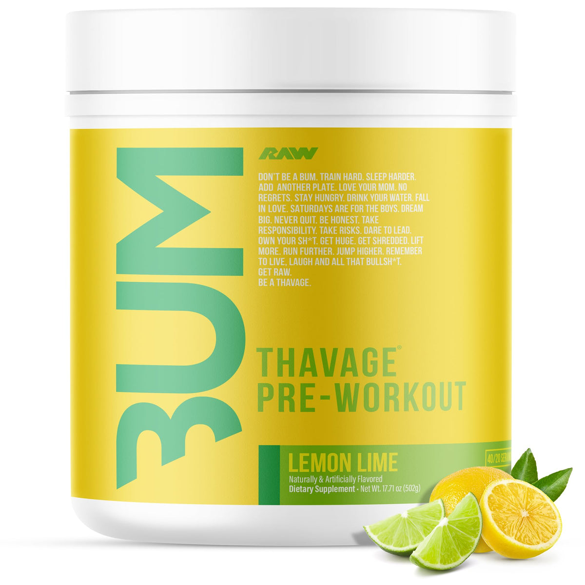 RAW Thavage Lemon Lime preworkout bottle ready to energize training