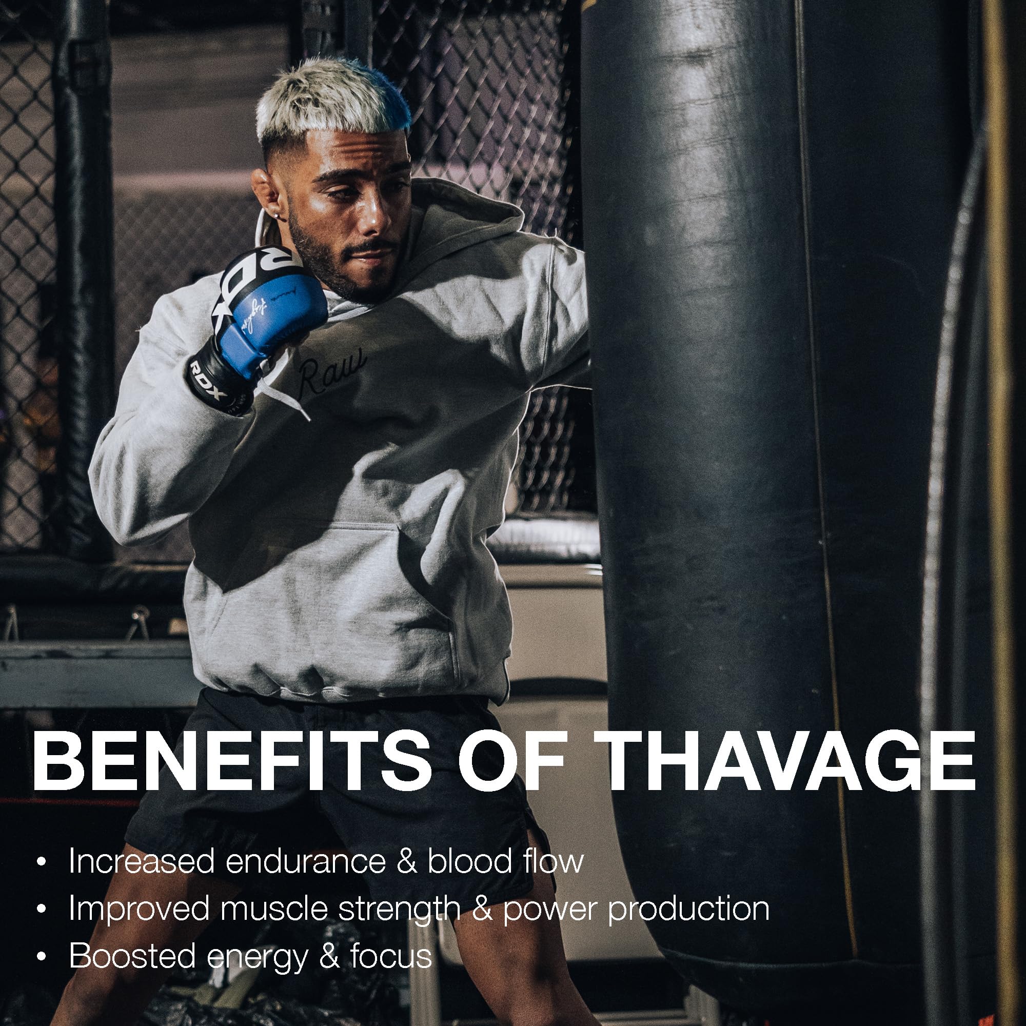 RAW Thavage powder poured into shaker for quick, efficient mix before workouts.