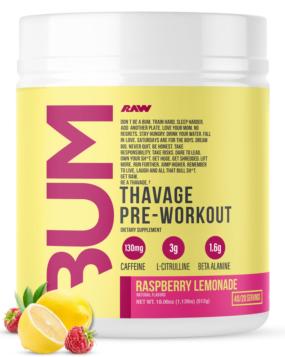 RAW Thavage pre-workout tub for on-the-go fueling during workouts.