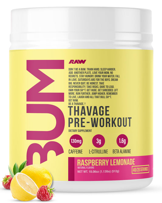 RAW Thavage pre-workout tub for on-the-go fueling during workouts.