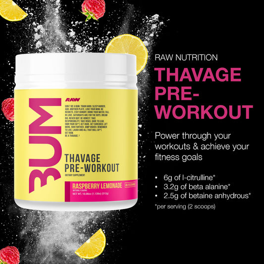 RAW Thavage Raspberry Lemonade label highlighting clean energy ingredients.