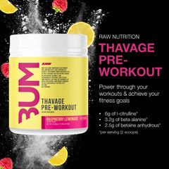 RAW Thavage Raspberry Lemonade label highlighting clean energy ingredients.