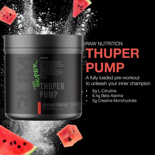 RAW Thuper Pump Sour Watermelon tub label emphasizes non-stimulant benefits