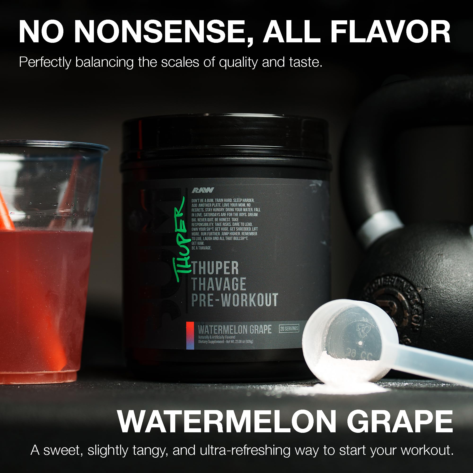 Close-up of RAW Thuper Thavage ingredients label highlighting L-Citrulline and Creatine