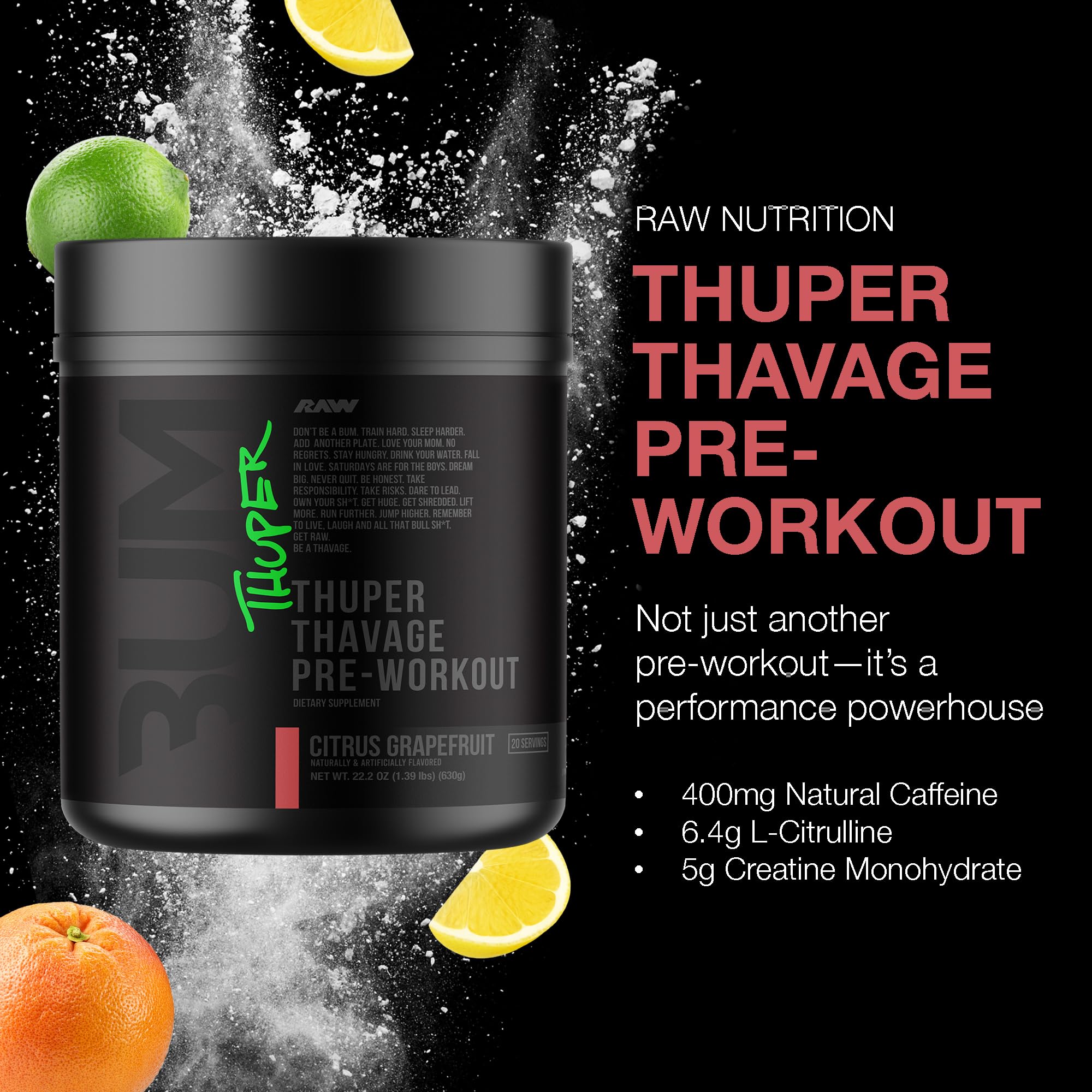 Scoop beside RAW Thuper Thavage canister ready to mix for energy.