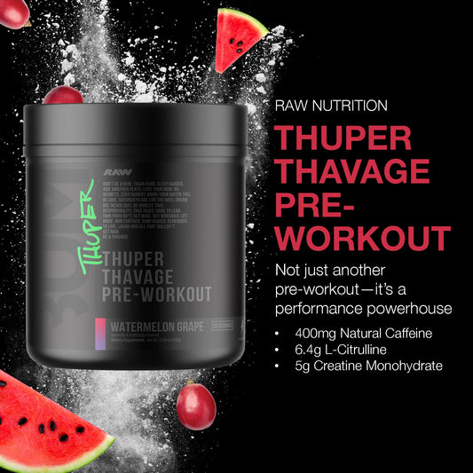 RAW Thuper Thavage pre-workout scoop shows high-stim formula for consistent workouts