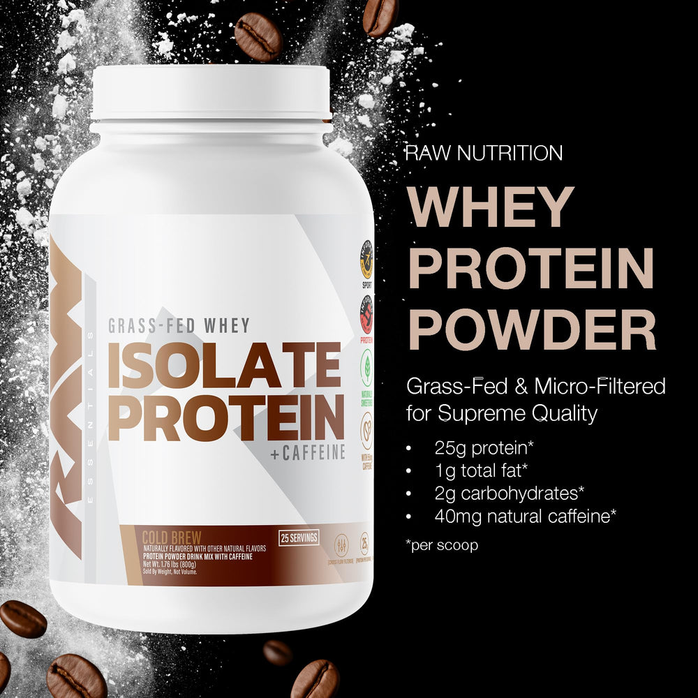 RAW Whey Isolate Cold Brew pour highlights low fat and low carb formula