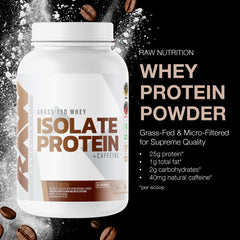 RAW Whey Isolate Cold Brew pour highlights low fat and low carb formula