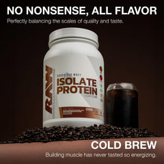 RAW Whey Isolate Cold Brew scoop emphasizes 25 g protein per serving