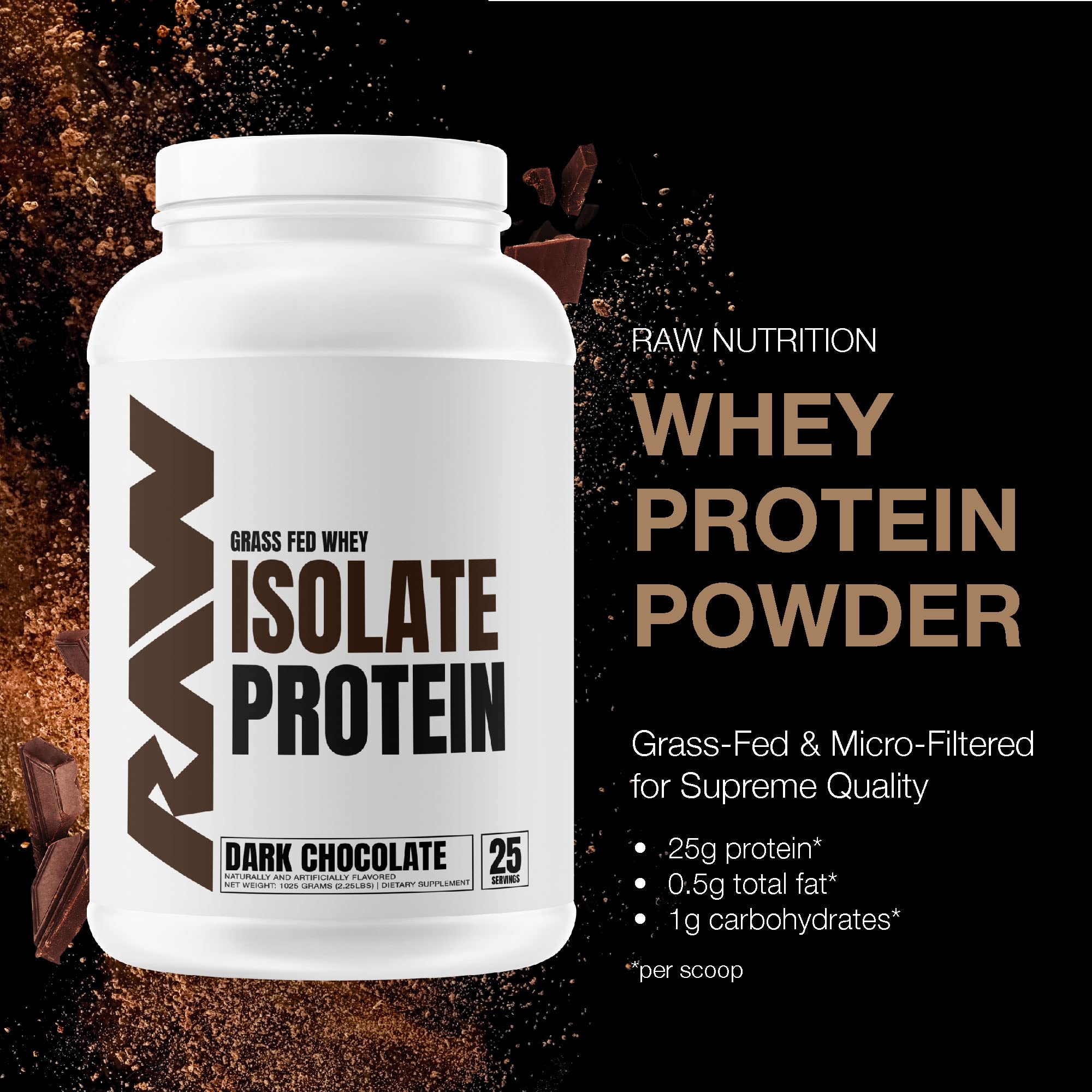 RAW Whey Isolate label close-up showing grass-fed, clean ingredients.
