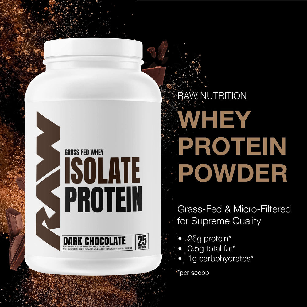 RAW Whey Isolate label close-up showing grass-fed, clean ingredients.