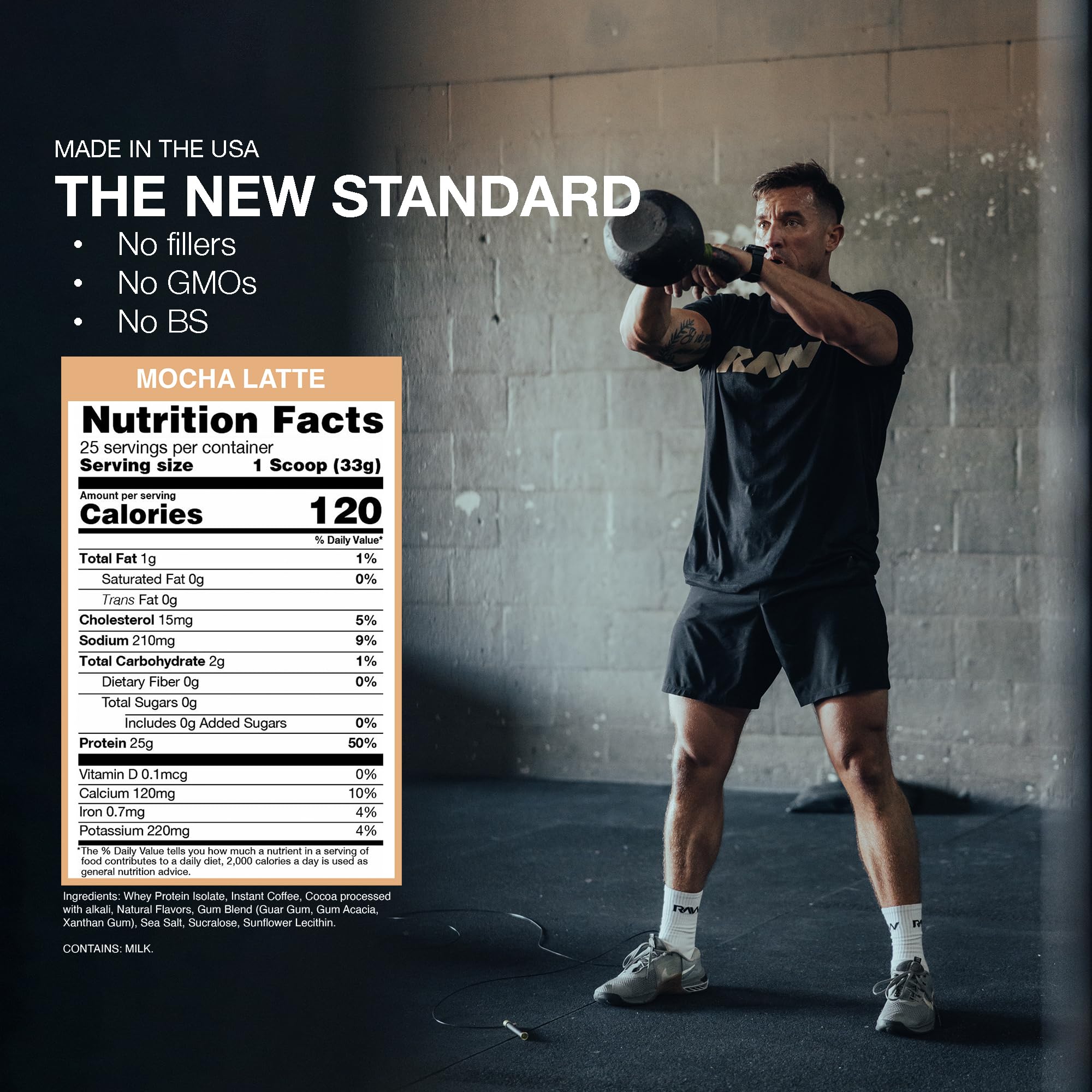 RAW Whey Isolate Mocha Latte label USA signals quality and purity