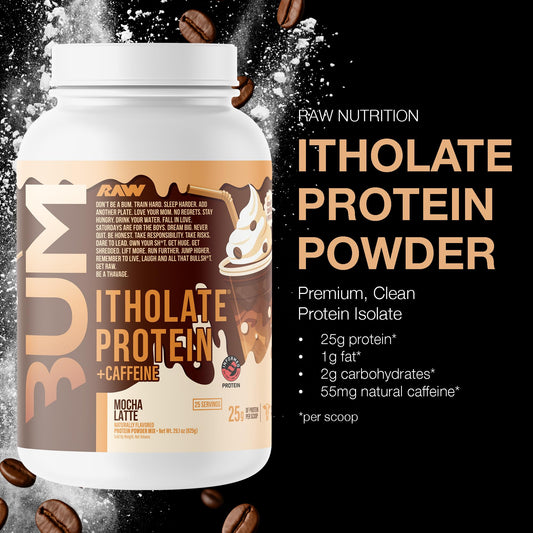 RAW Whey Isolate Mocha Latte powder being poured for post-workout shake