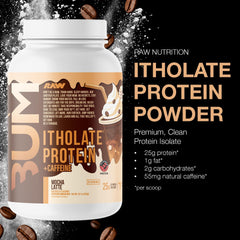 RAW Whey Isolate Mocha Latte powder being poured for post-workout shake