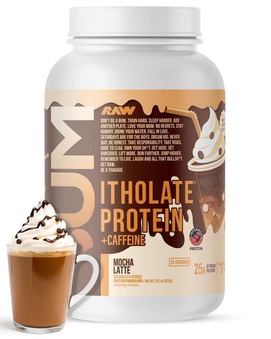 RAW Whey Isolate Mocha Latte tub front, premium protein for lean muscle