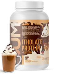 RAW Whey Isolate Mocha Latte tub front, premium protein for lean muscle