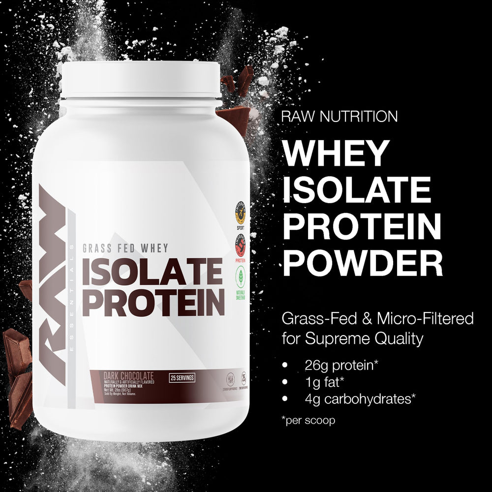 RAW Whey Isolate Protein Powder scoop beside container, highlighting 25 g protein per serving.