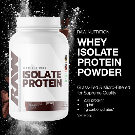 RAW Whey Isolate Protein Powder scoop beside container, highlighting 25 g protein per serving.