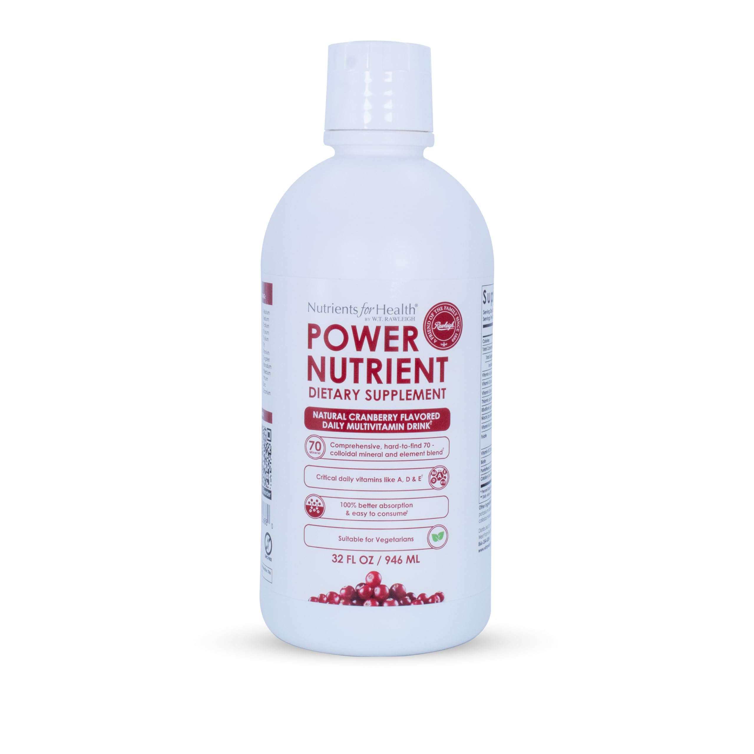 Rawleigh Power Nutrient cranberry bottle shows 32 oz size for daily use