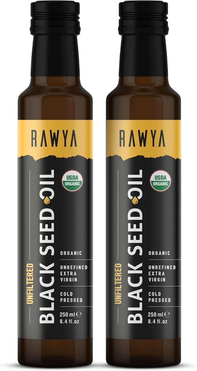 RAWYA Black Seed Oil bottle showcases premium cold-pressed oil for daily wellness.
