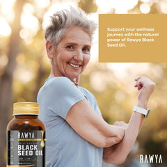 RAWYA softgel capsules closeup highlighting tasteless, easy ingestion.