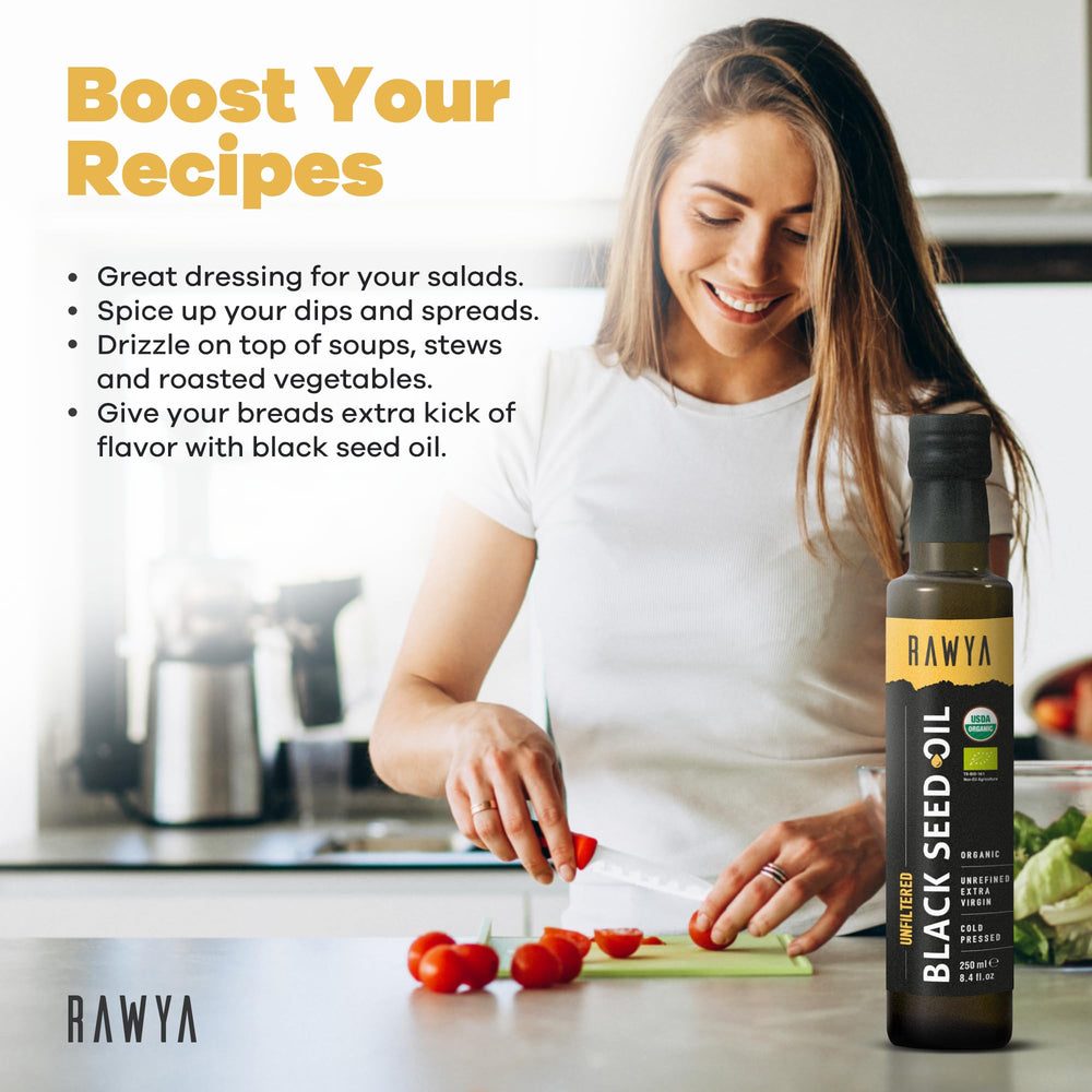 RAWYA 2-pack glass bottle packaging protects oil from light.