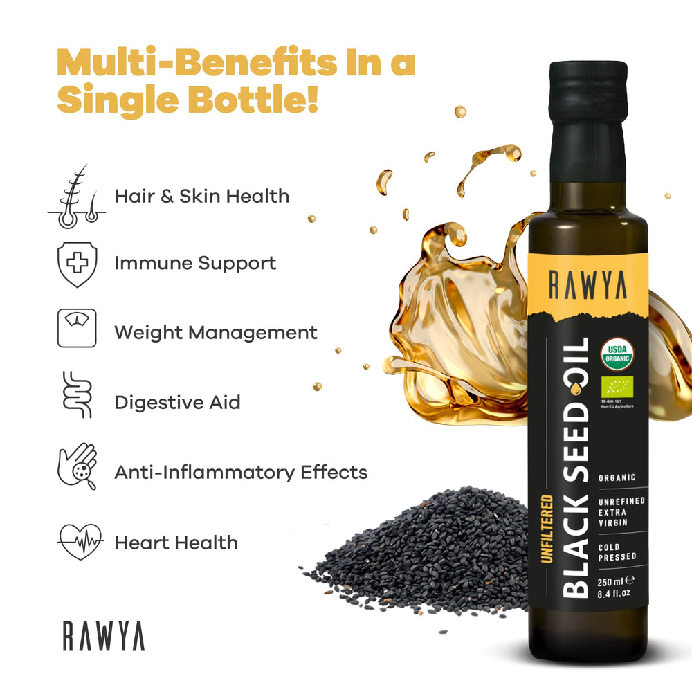 RAWYA Black Seed Oil bottle with USDA Organic label highlighting purity.